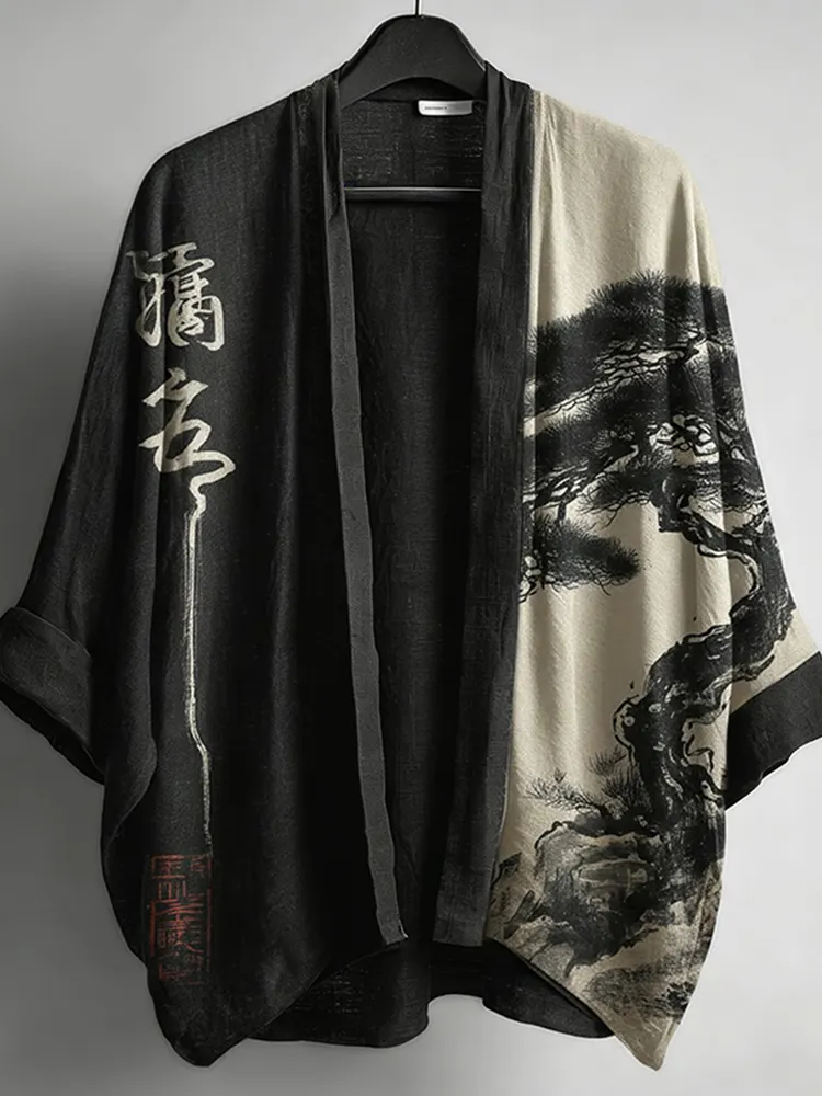 Ink Painting Art Pattern Linen Kimono Cardigan - Black