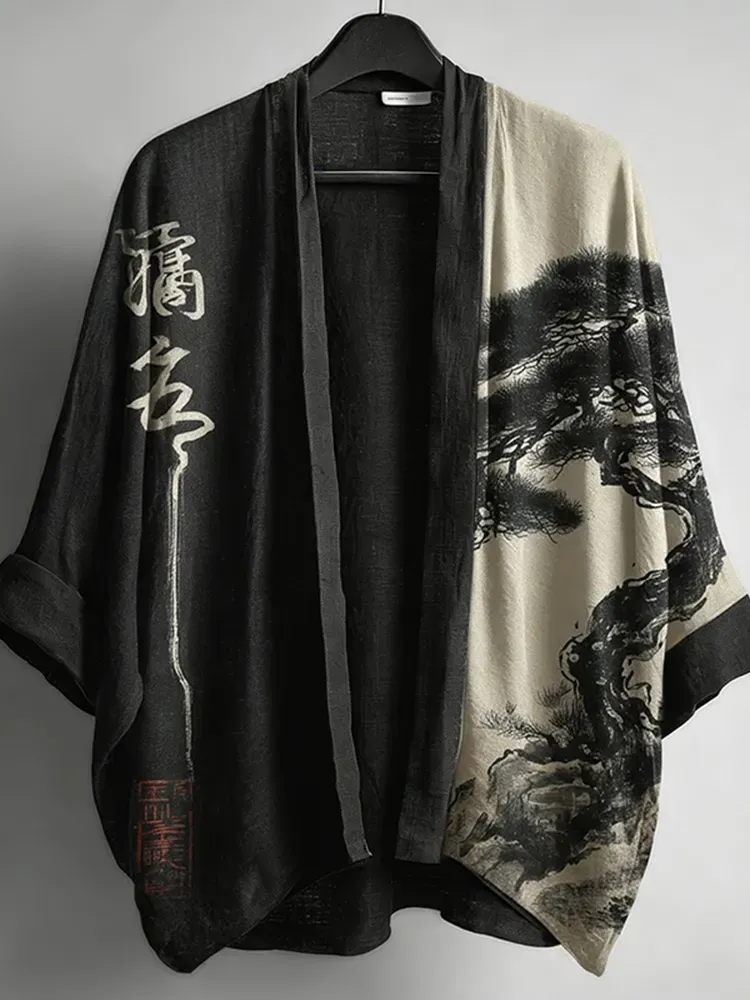 Ink Painting Art Pattern Linen Kimono Cardigan - Black