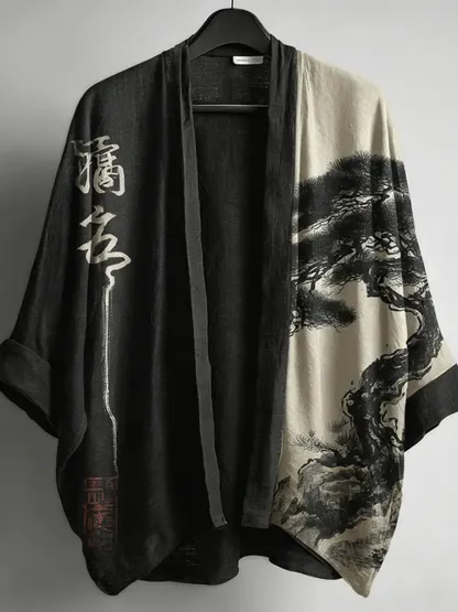 Ink Painting Art Pattern Linen Kimono Cardigan - Black
