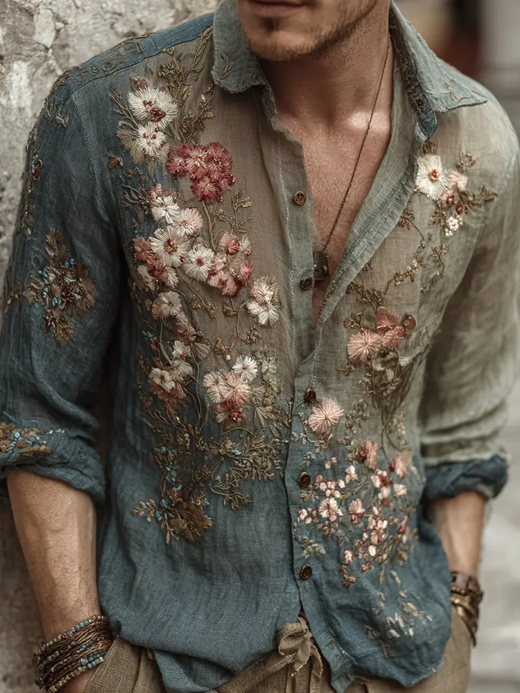Men's Vintage Flower Embroidery Art Linen Blend Shirt - Navy blue