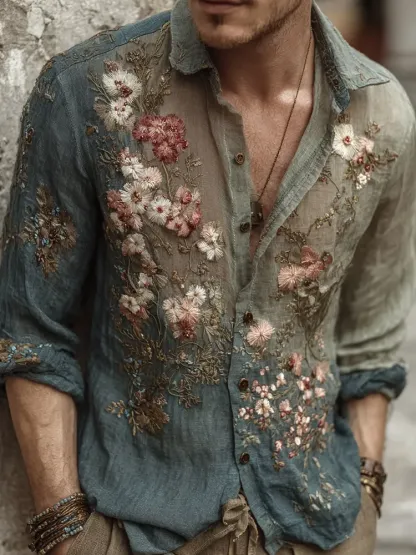 Men's Vintage Flower Embroidery Art Linen Blend Shirt - Navy blue