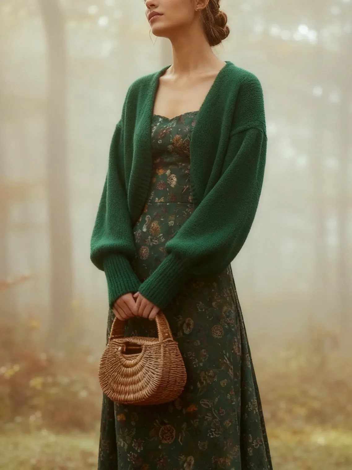 Midi Linen Dress, Long Sleeves, Square Neck, Paisley, Vintage, Green - Green