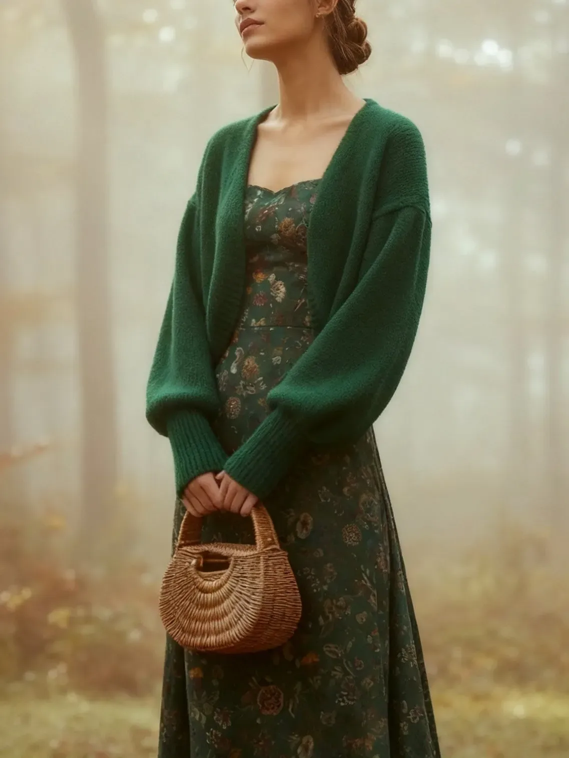 Midi Linen Dress, Long Sleeves, Square Neck, Paisley, Vintage, Green - Green