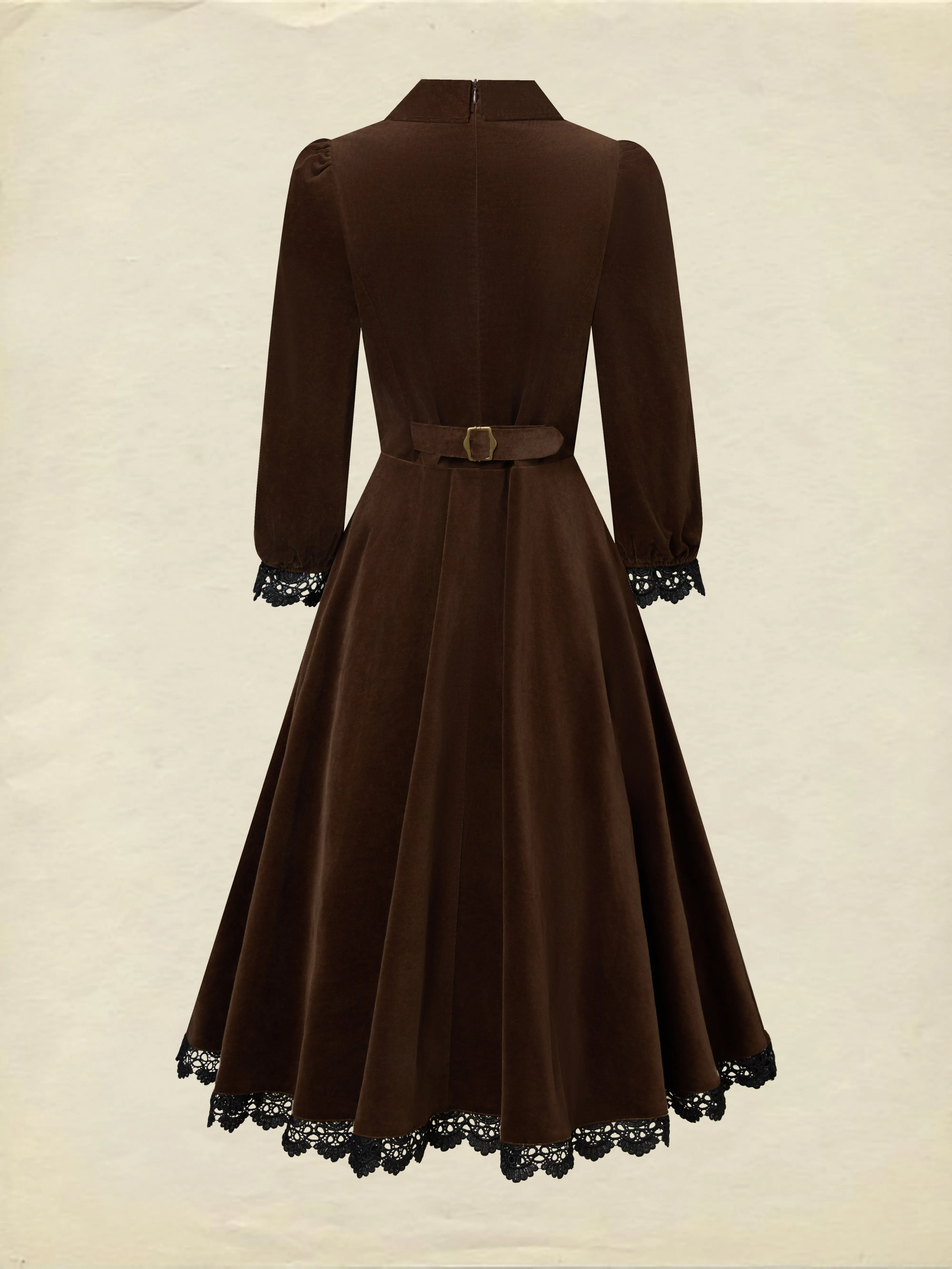 Midi Cotton Dress, Half Sleeve, Lapel Collar, Plain, Lace, Vintage, Coffee - Coffee