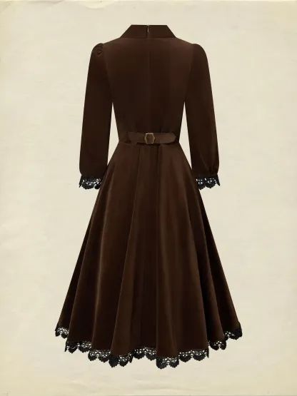 Midi Cotton Dress, Half Sleeve, Lapel Collar, Plain, Lace, Vintage, Coffee - Coffee