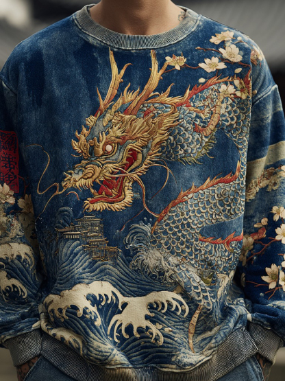 Men's Japanese Wave And Dragon Embossed Art Sweatshirt - Blue