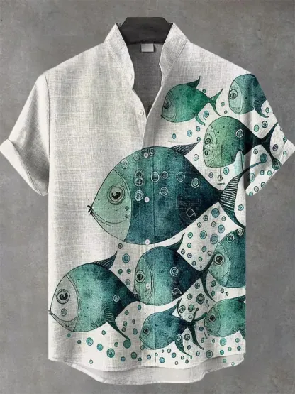 Vintage Fish Art Print Casual Cotton Linen Shirt - White