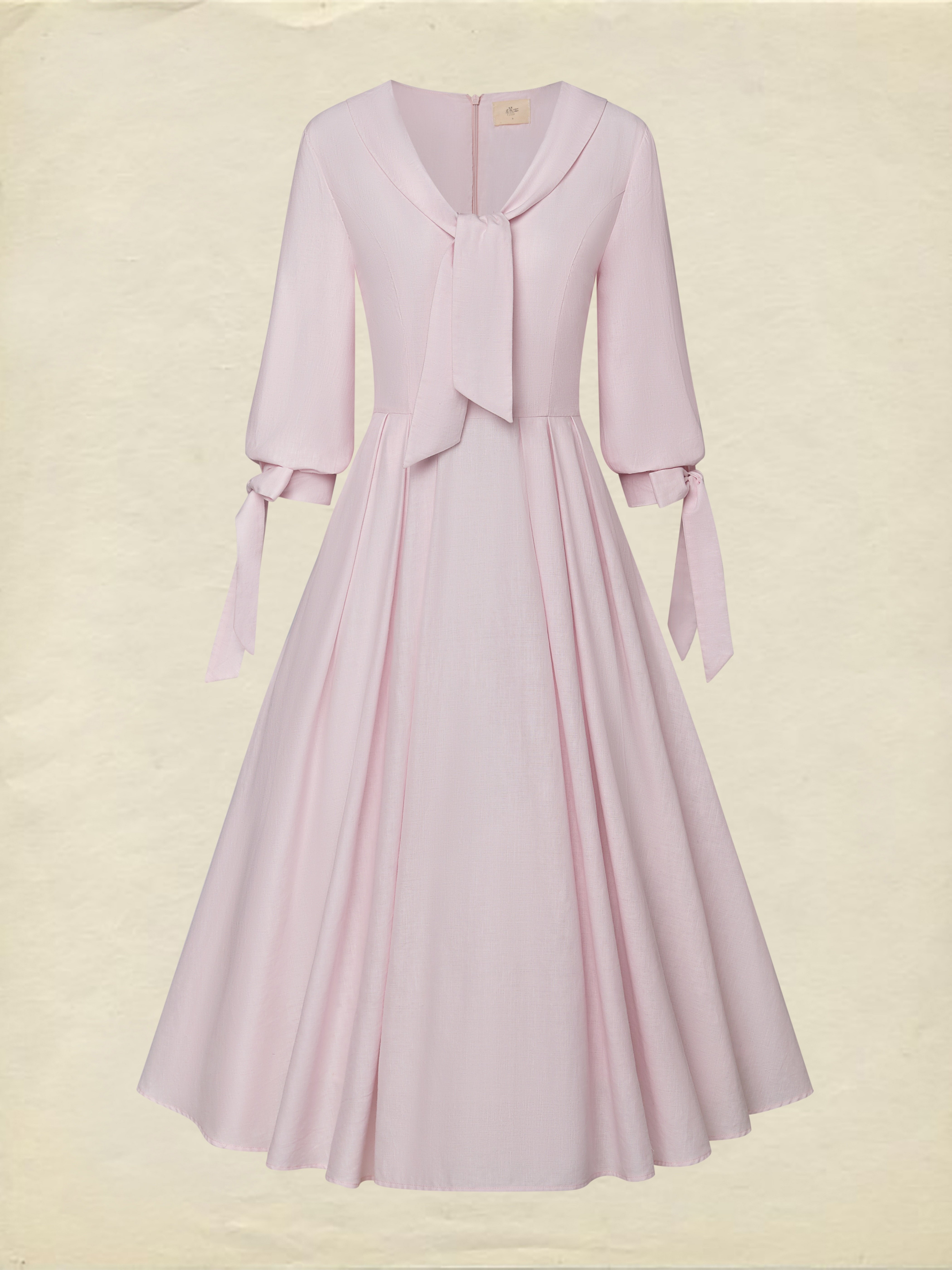 Midi Linen Dress, Half Sleeve, V Neck, Plain, Pocket Design, French Vintage, Light Pink - Light Pink