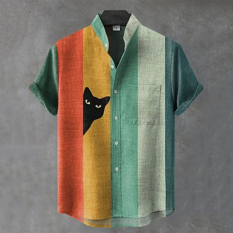 Men's Vintage Black Cat Contrast Stripes Art Short Sleeve Shirt - Lake green