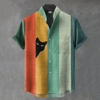 Men's Vintage Black Cat Contrast Stripes Art Short Sleeve Shirt - Lake green