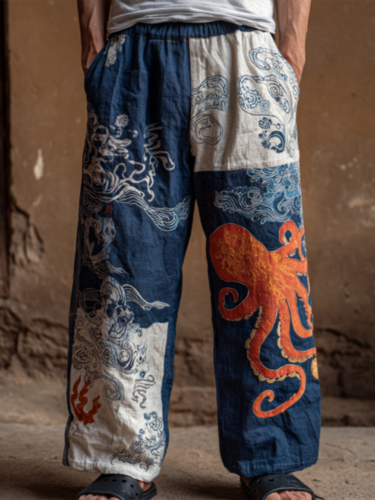 Men's Retro Japanese Art Ocean Octopus Print Casual Pants - Navy blue