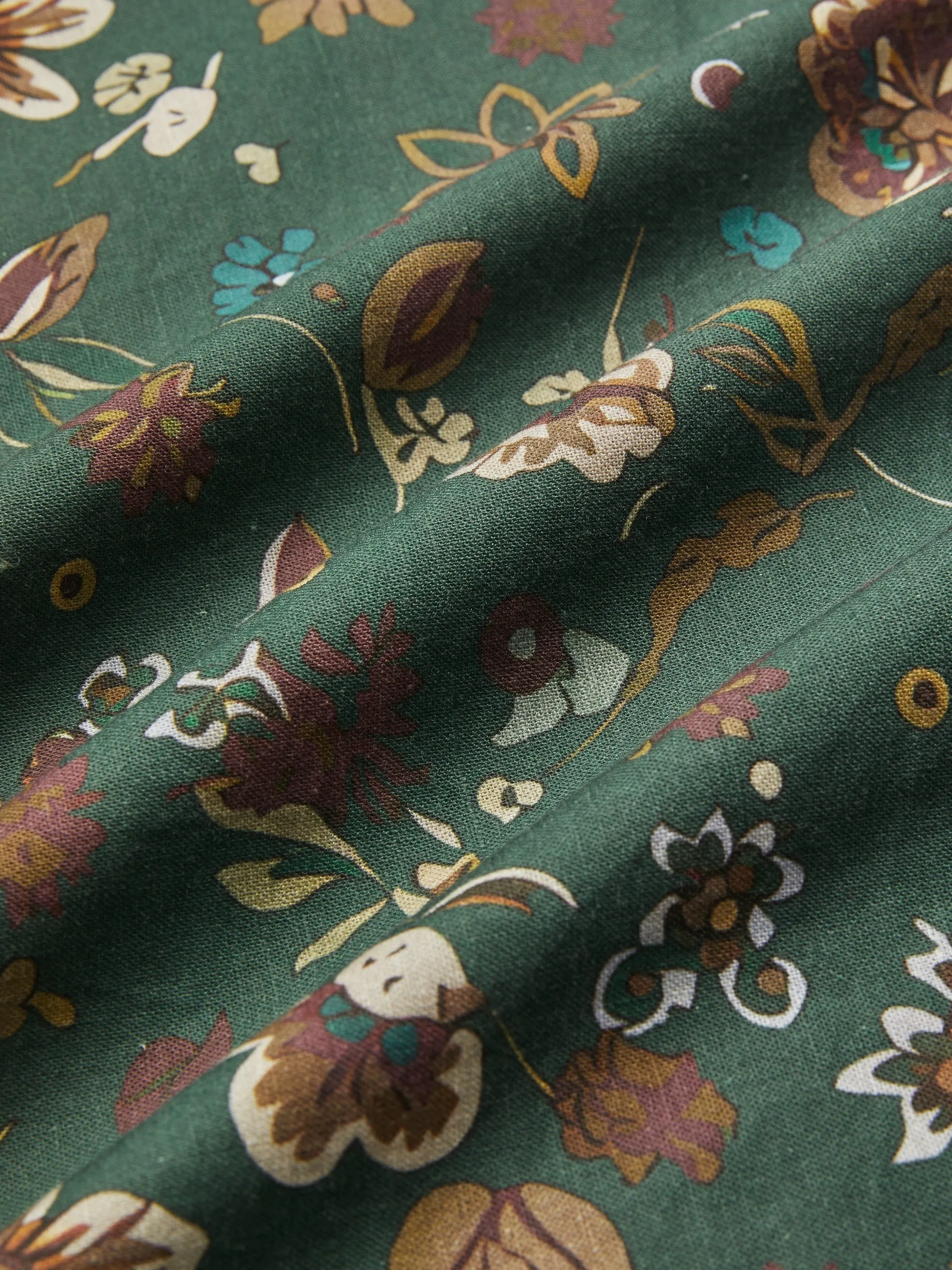 Midi Linen Dress, Long Sleeves, Square Neck, Paisley, Vintage, Green - Green
