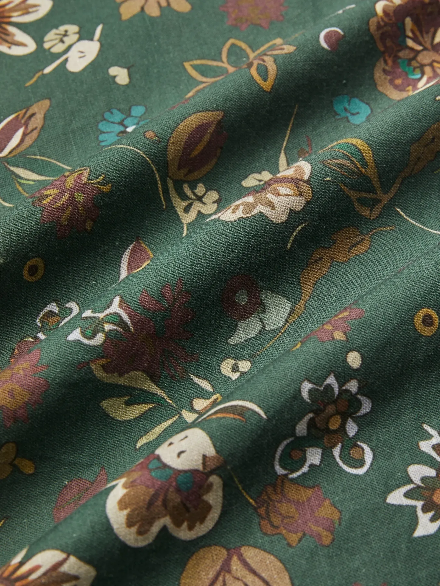Midi Linen Dress, Long Sleeves, Square Neck, Paisley, Vintage, Green - Green