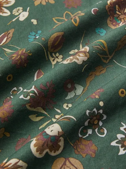 Midi Linen Dress, Long Sleeves, Square Neck, Paisley, Vintage, Green - Green