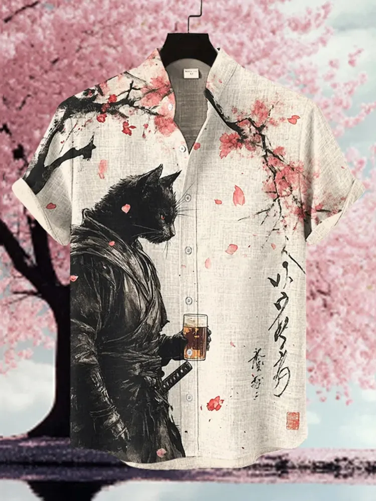Men's Black Cat Warrior Under The Cherry Tree  Art Print Casual Shirt - Beige