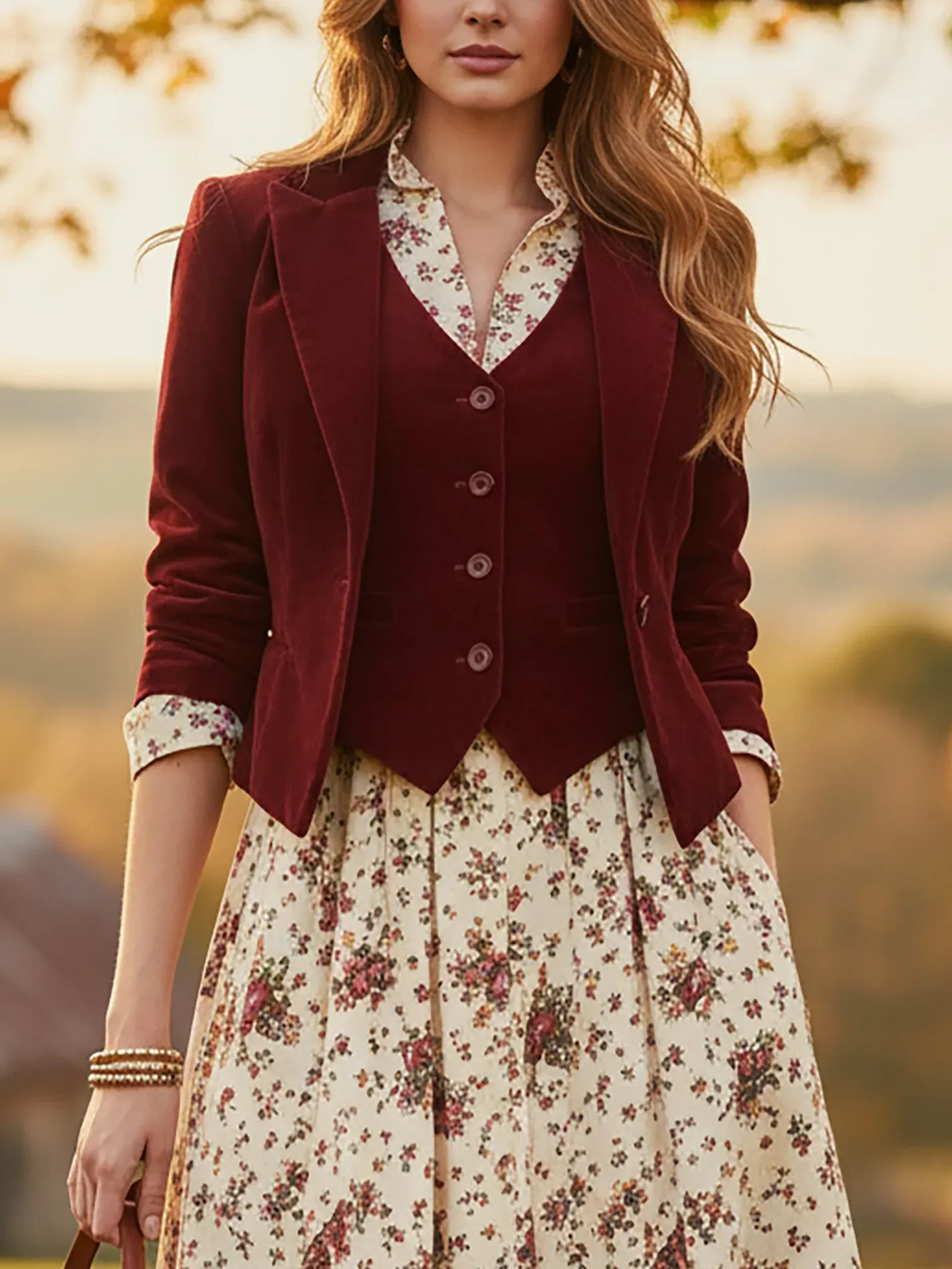 Cotton Blazer (Dress and Vest Not Included), Long Sleeves, Lapel Collar, Button Design, Vintage, Red - Red