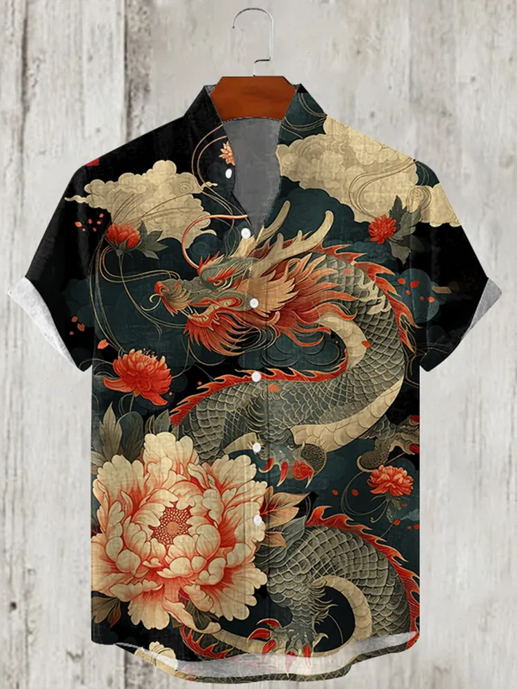 Men's Japanese Art Dragon Linen Blend Cozy Shirt - Black