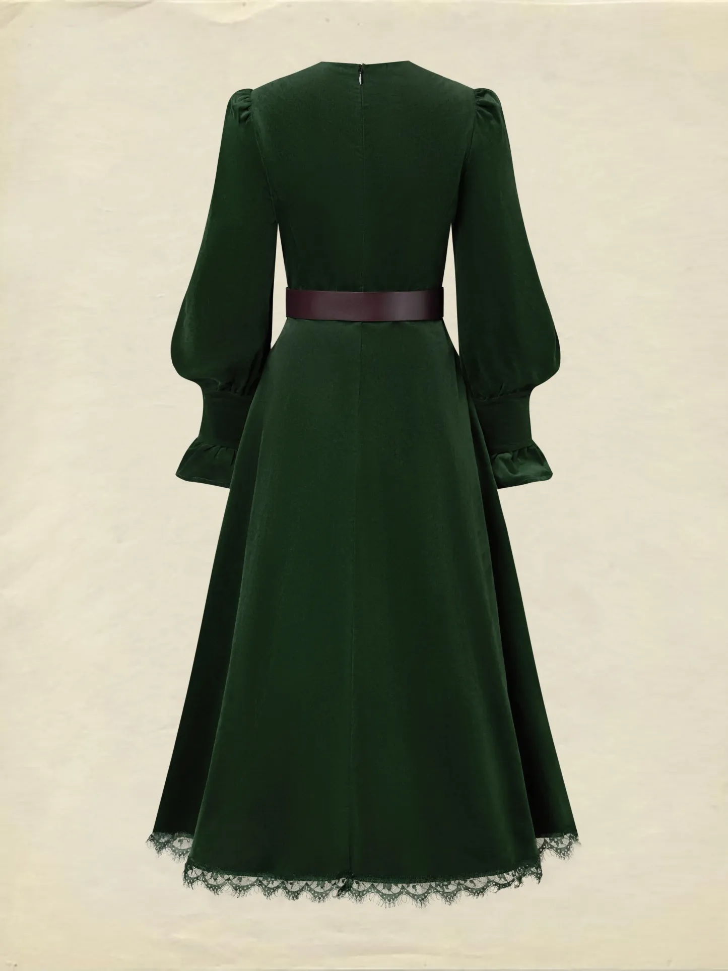 Midi Cotton Dress, Long Sleeves, V Neck, Plain, Lace, Vintage, Green - Green