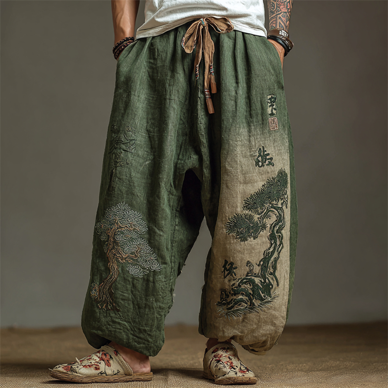 Men's Japanese Pine Trees Embroidered Bleached Wide Leg Linen Pants - Green