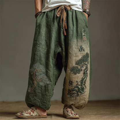 Men's Japanese Pine Trees Embroidered Bleached Wide Leg Linen Pants - Green