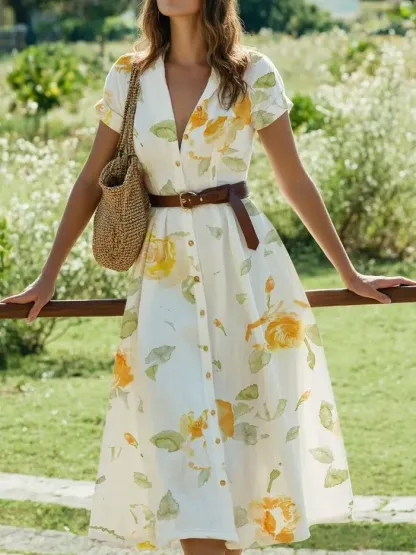 Linen Midi Dress, Short Sleeve, Floral, Vintage, White - White