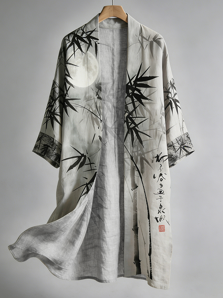 Men's Retro Bamboo Art Linen Long Kimono - Grey