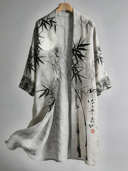 Men's Retro Bamboo Art Linen Long Kimono - Grey