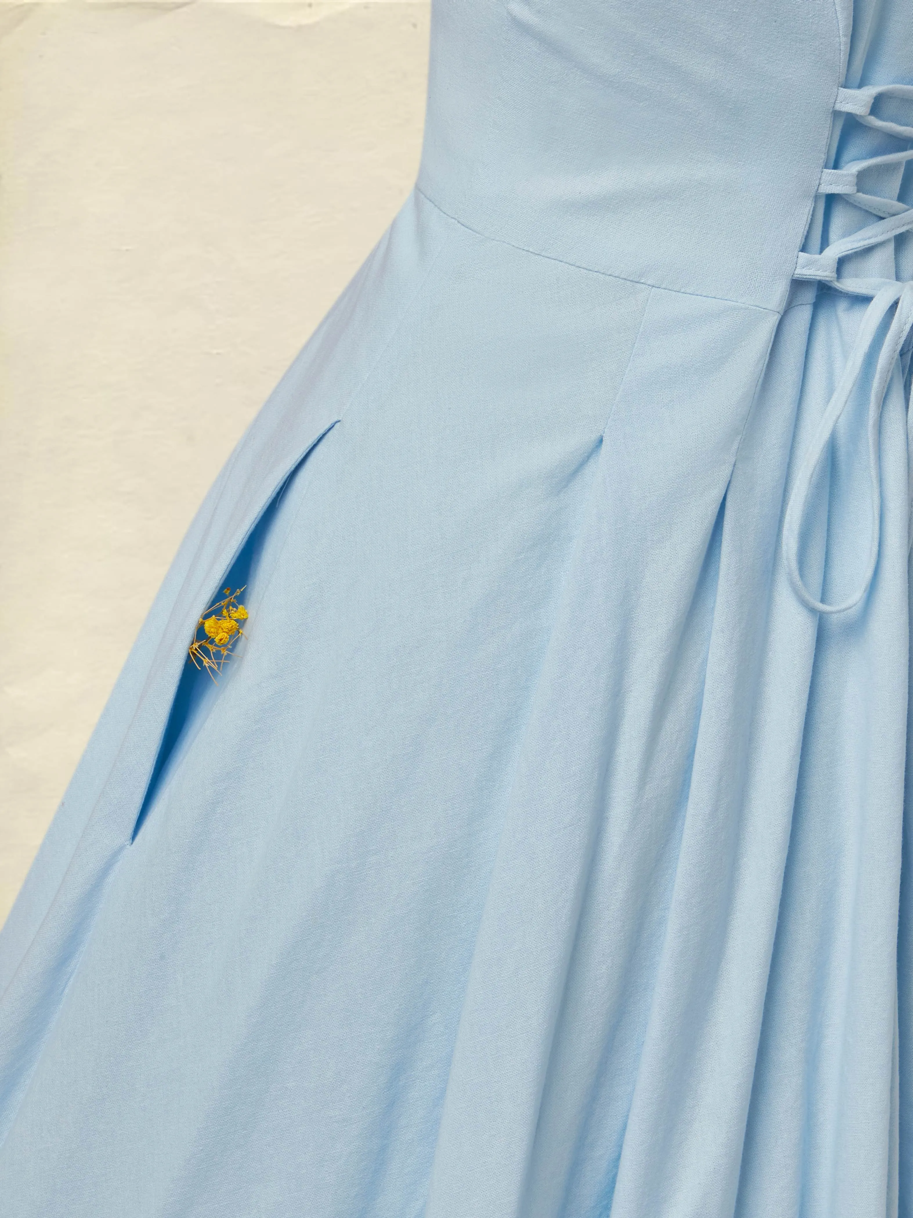 Maxi Linen Dress, Sleeveless, Shawl Collar, Plain, Button Design, Vintage, Blue - Blue