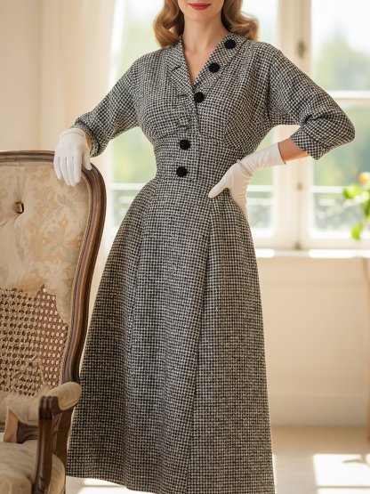 Midi Wool Dress, Half Sleeve, V Neck, Plaid, Belt Design, Vintage, Black - Black