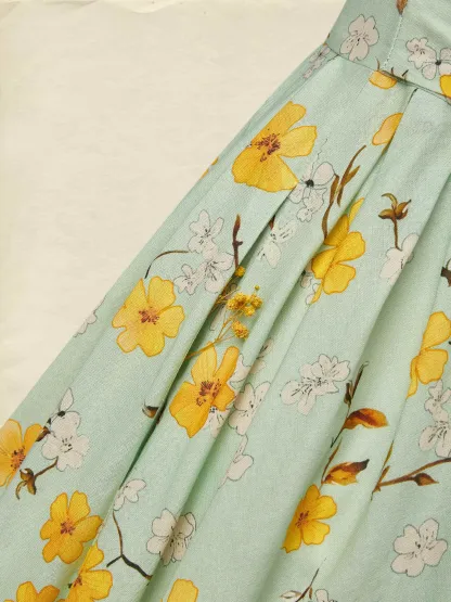Midi Linen Dress , Sleeveless, Halter, Floral, Pocket Design, Vacation, Vintage, Green - Aqua