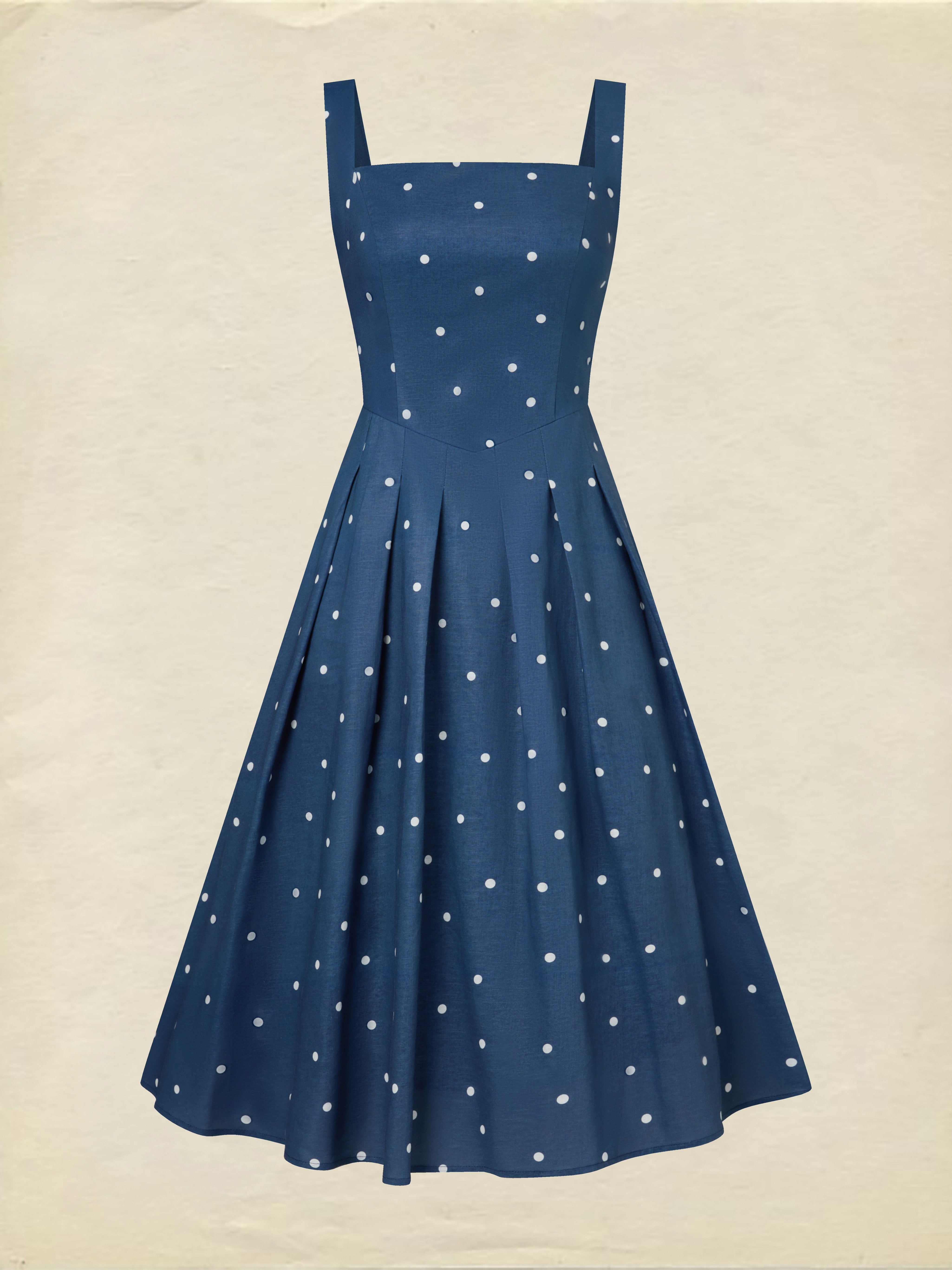 Midi Cotton Dress, Sleeveless, Square Neck, Polka Dots, Pocket Design, French Vintage, Deep Blue - Deep Blue