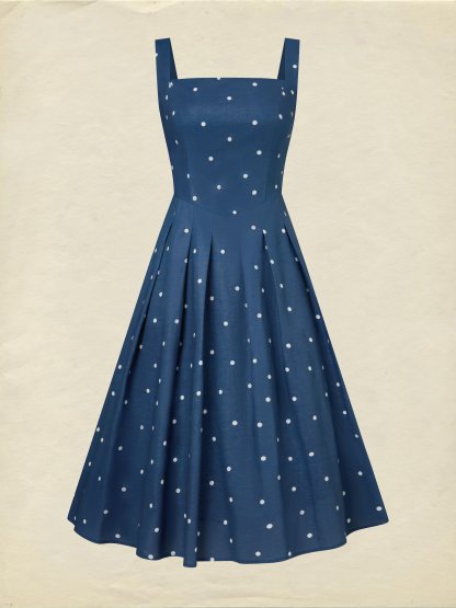 Midi Cotton Dress, Sleeveless, Square Neck, Polka Dots, Pocket Design, French Vintage, Deep Blue - Deep Blue