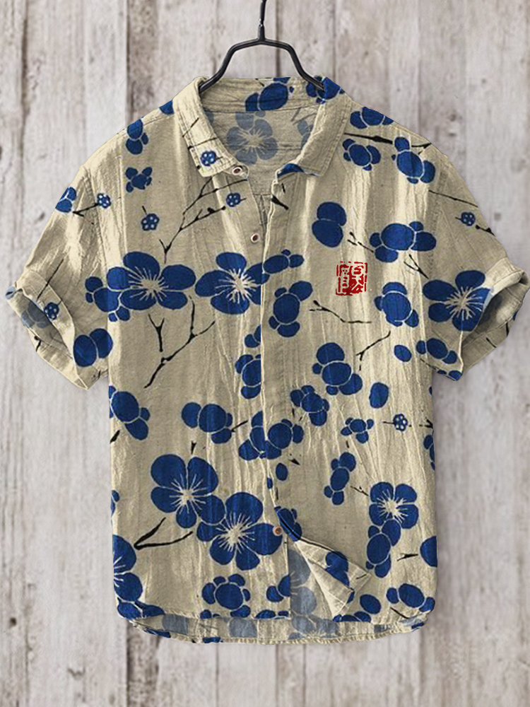 Cherry Blossom Japanese Lino Art Linen Blend Shirt - Black