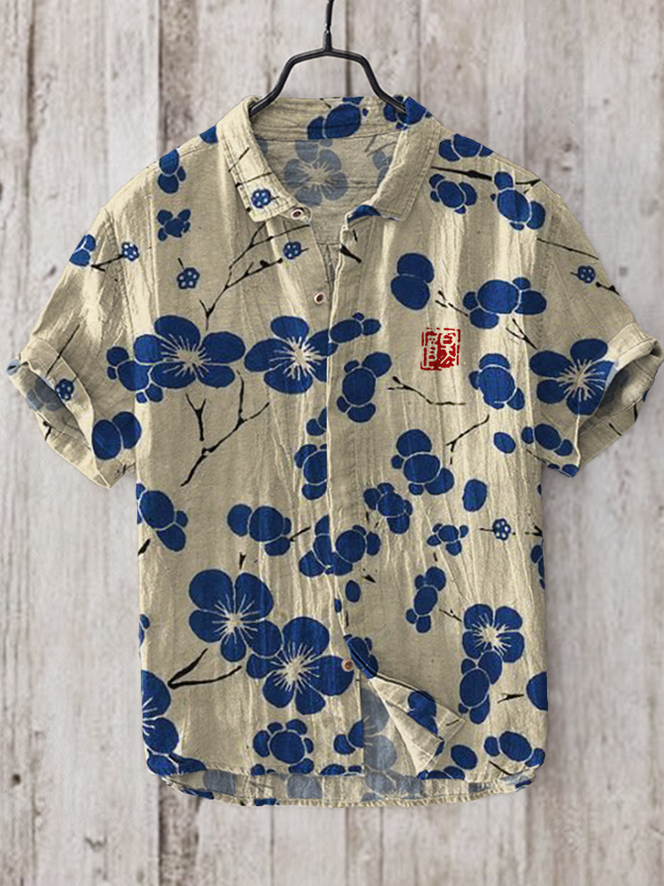 Cherry Blossom Japanese Lino Art Linen Blend Shirt - Black
