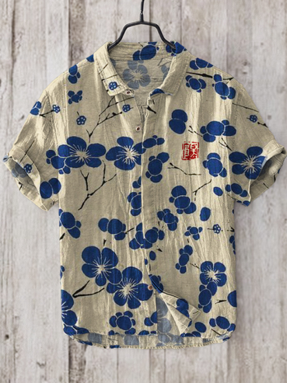Cherry Blossom Japanese Lino Art Linen Blend Shirt - Black