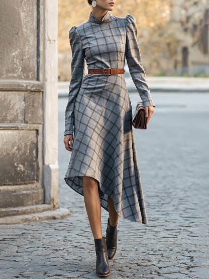 Midi Linen Dress, Long Sleeves, Stand Collar, Plaid, Belt Design, Vintage, Gray - Gray