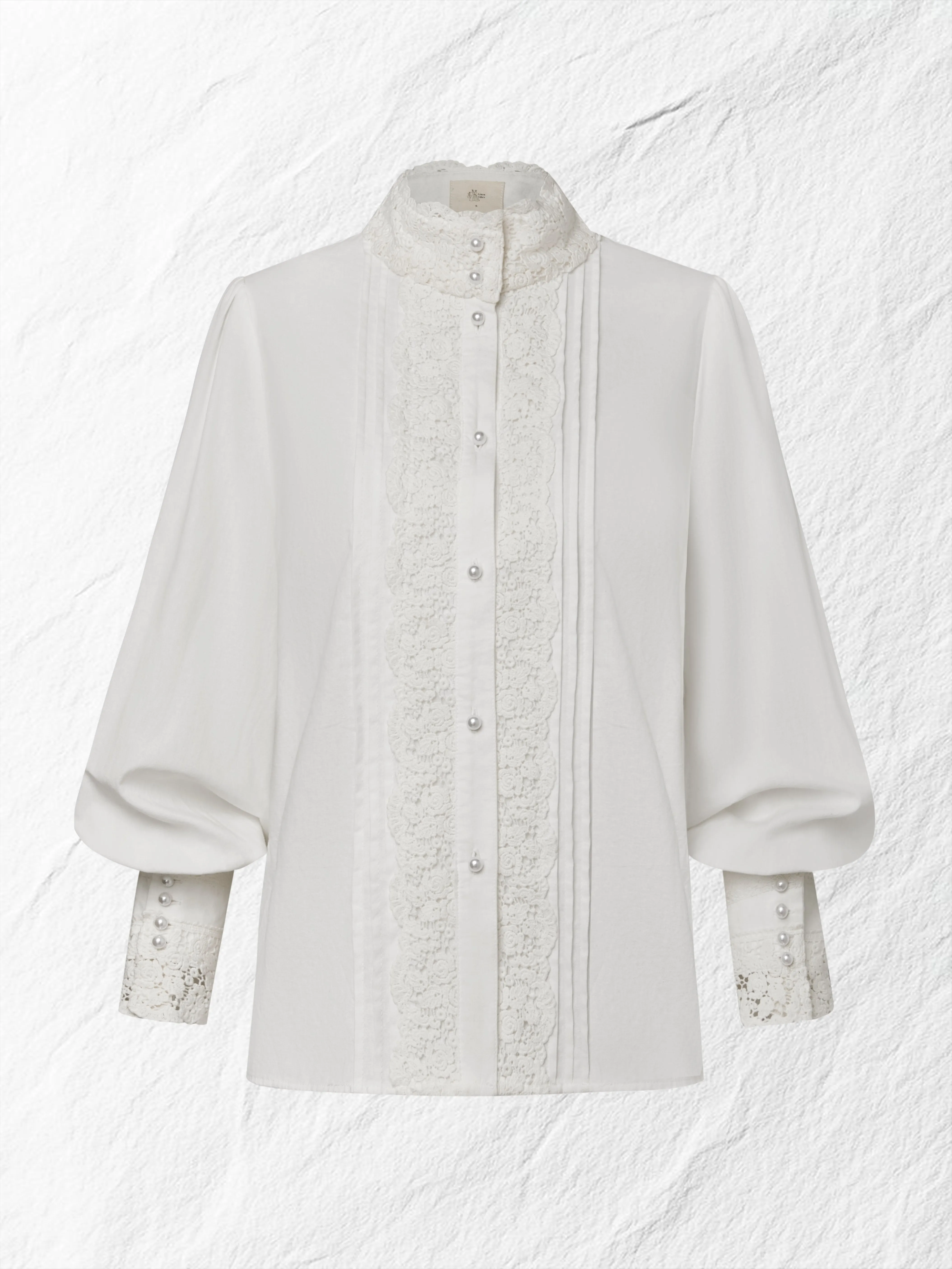 Linen Shirt, Long Sleeves, Stand Collar, Plain, Lace, Vintage, Ivory - Ivory