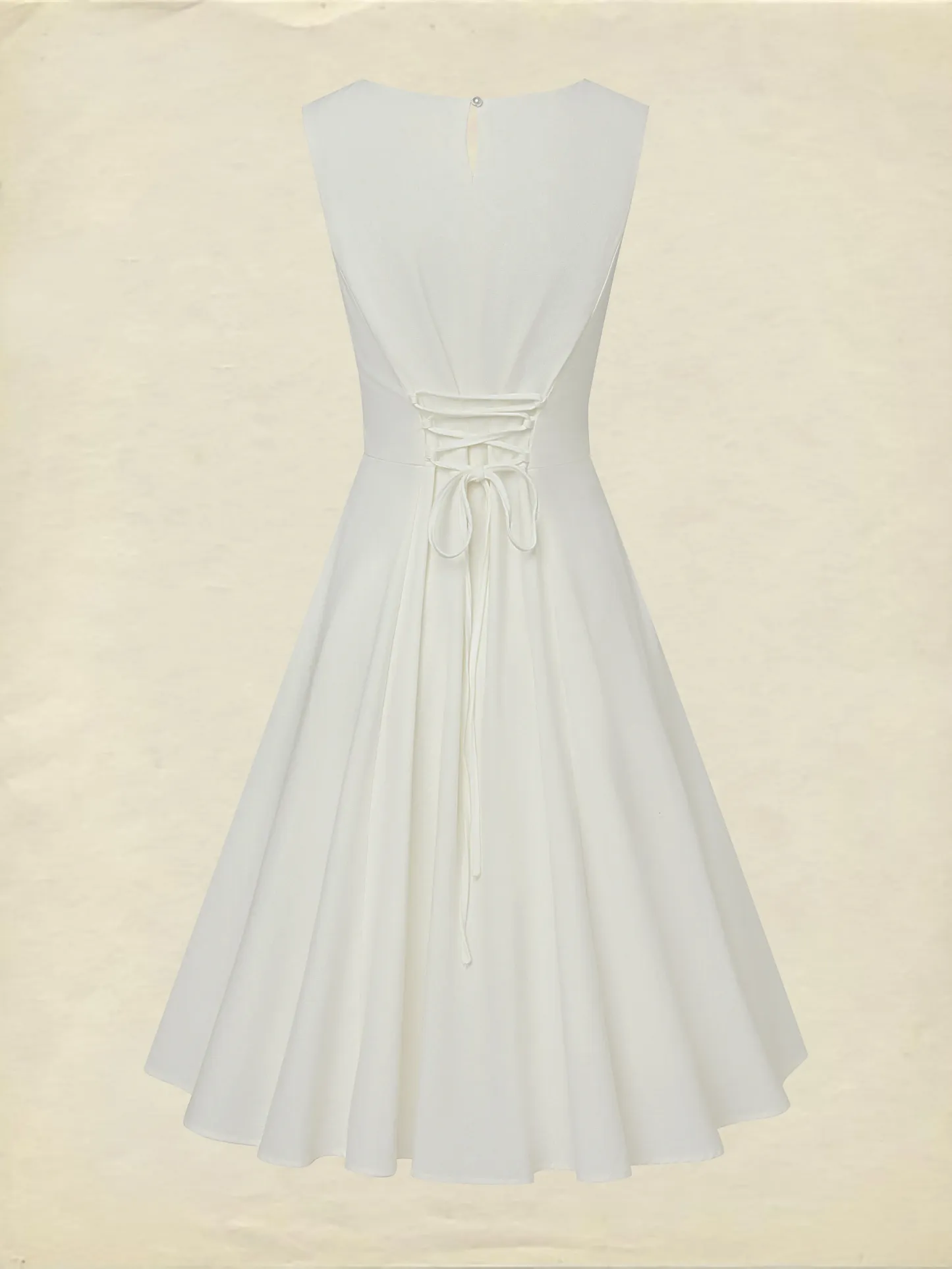 Midi Linen Dress , Sleeveless, Round Neck, Plain, Lace, French Vintage, White - White