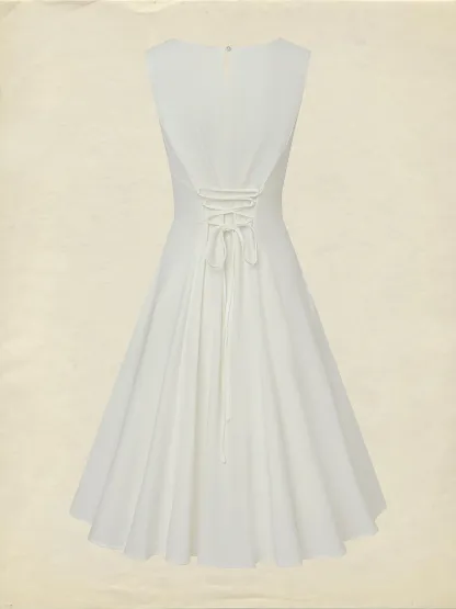 Midi Linen Dress , Sleeveless, Round Neck, Plain, Lace, French Vintage, White - White