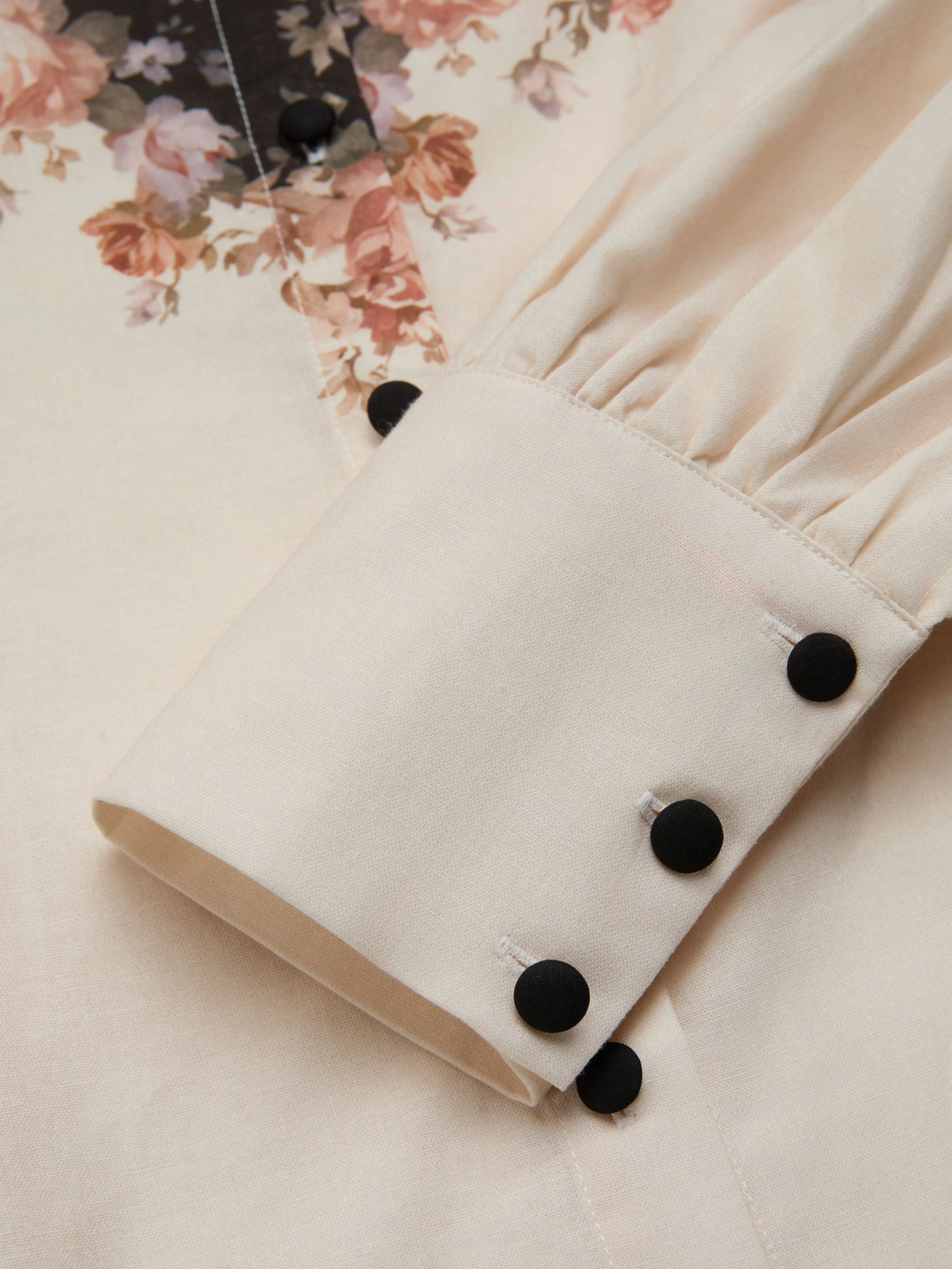Cotton Shirt, Long Sleeves, Shawl Collar, Floral, Button Design, Vacation, Vintage, Apricot - Apricot