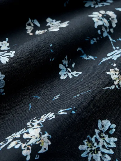 Linen Maxi Dress, V neck,  Floral, Daily, Short Sleeve, Blue - Dark Blue