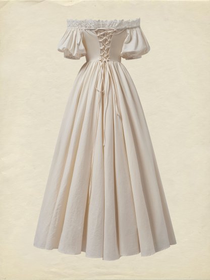 Linen Maxi Dress, Short Sleeve, Off The Shoulder, Plain, Vintage, Daily, White - As Picture