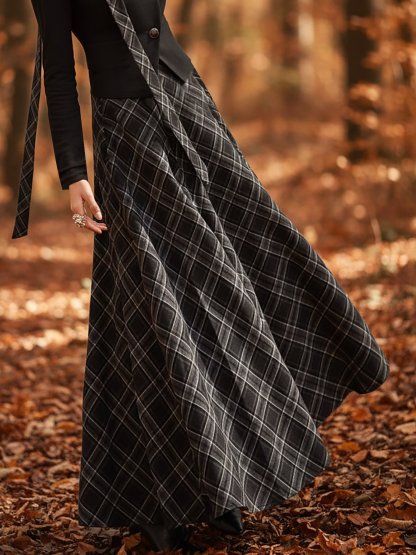 Maxi Linen Dress, Sleeveless, Stand Collar, Plaid, Vintage, Black - Black