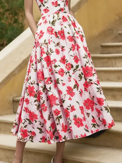 Linen Midi Dress, Short Sleeve, Sweetheart Neckline, Floral, Vintage, Red - Red