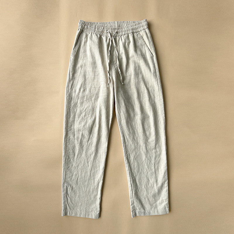 Men's Vintage Elastic Waist Drawstring Casual Cotton Linen Pants - Navy blue