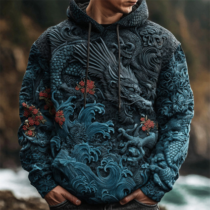 Japanese Wave & Dragon Embossed Art Men's Hooded Sweatshirt - Blue