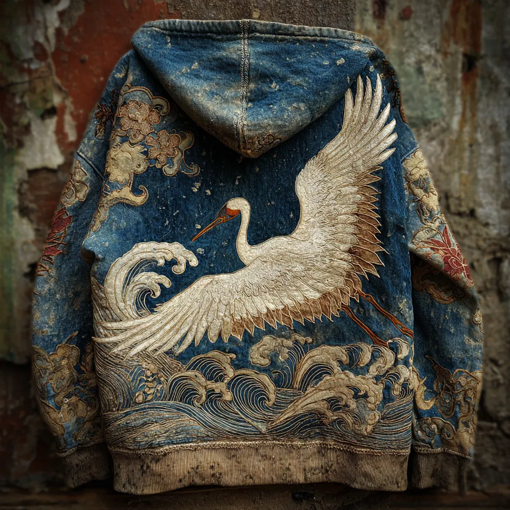 Vintage Japanese Crane Art Men's Hooded Sweatshirt - Blue