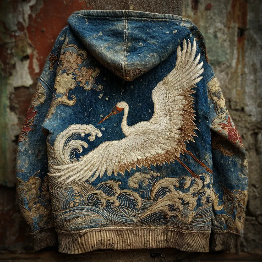 Vintage Japanese Crane Art Men's Hooded Sweatshirt - Blue