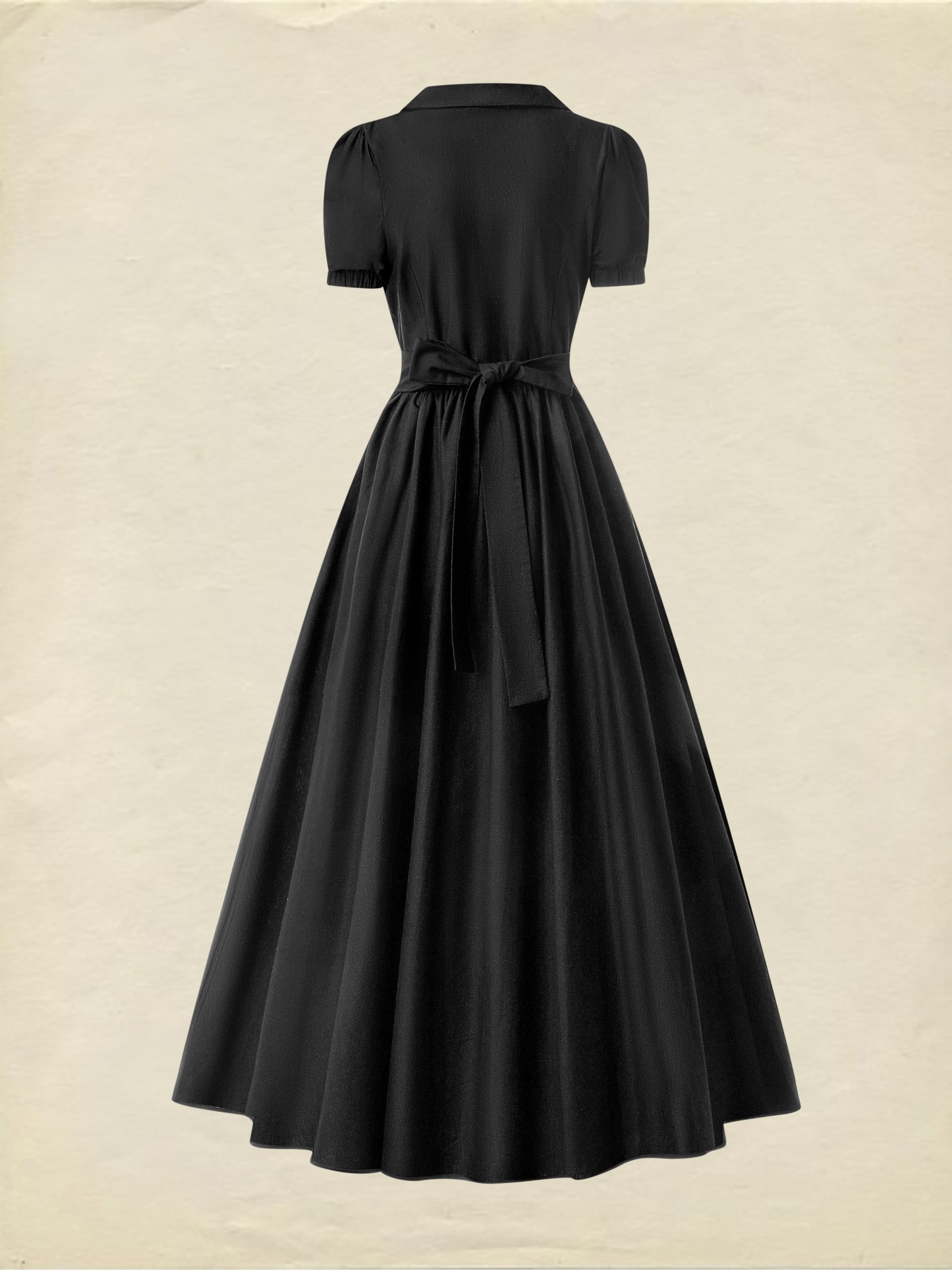 Maxi Cotton Dress, Short Sleeve, Shawl Collar, Plain, Summer, Black - Black