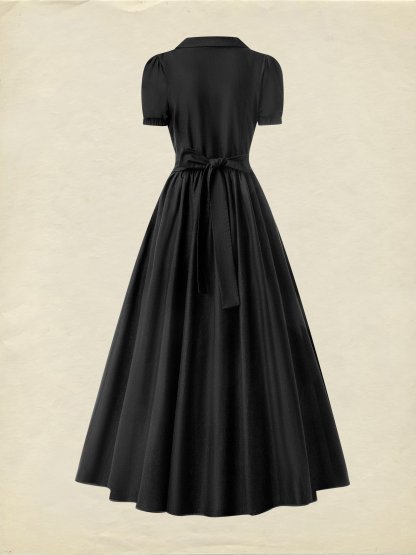 Maxi Cotton Dress, Short Sleeve, Shawl Collar, Plain, Summer, Black - Black